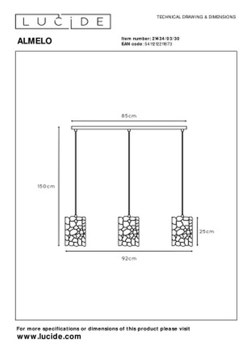Lucide ALMELO - Závesné svietidlo - 3xE27 - Čierne